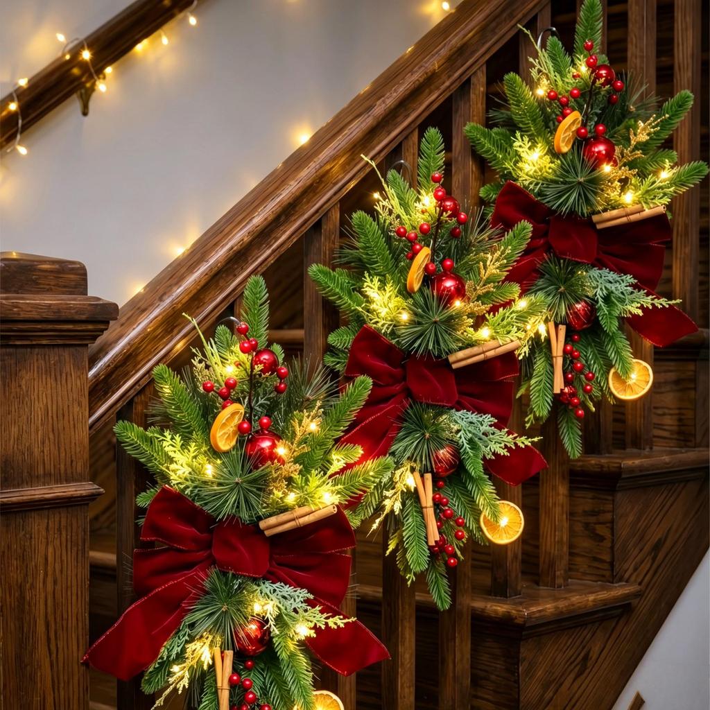 Nordic Christmas Stair Garland with Bow Ornament Wall Decoration