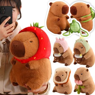 Strawberry Hat Capybara Plush Toy Simulation Turtle Backpack Capibara Stuffed Animals Papa Hand Circle Ring Small Size Pendant