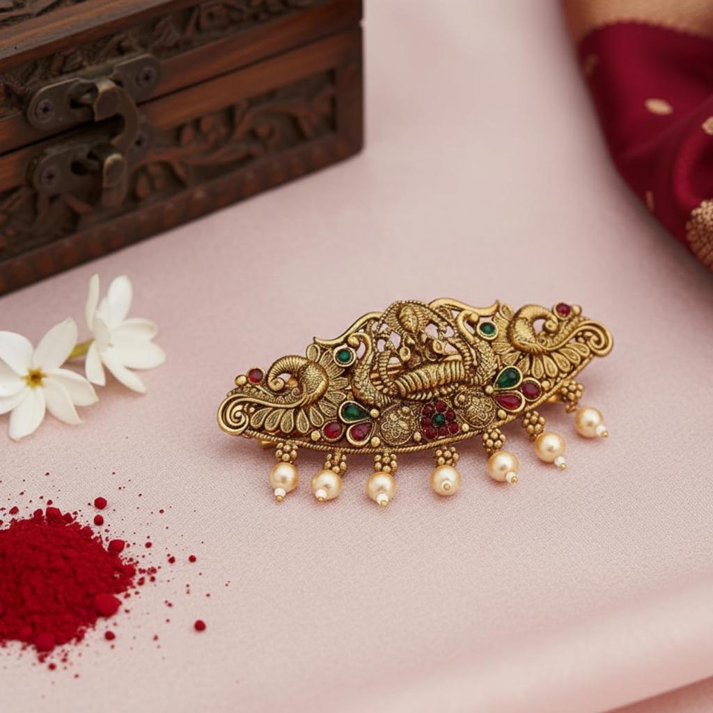 JWELLA Traditional Gold-Plated Hair Barrette Clip With Floral Design And Beads Danglers (Design-6)