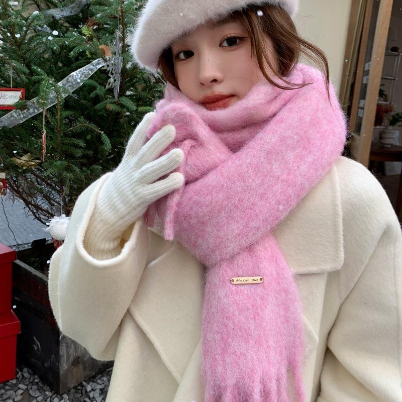 Women's wool-blended knitted solid-color scarf winter thickened warm student scarf men
