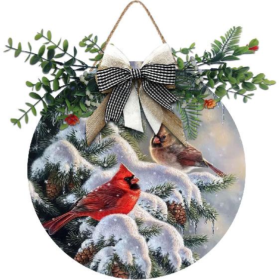 Aowotu Winter Red Bird Door Wreaths for Front Door Outside, Cardinal Branch Round Hanging Signs for Home Decor Holiday Porch Wall Farmhouse Indoor
