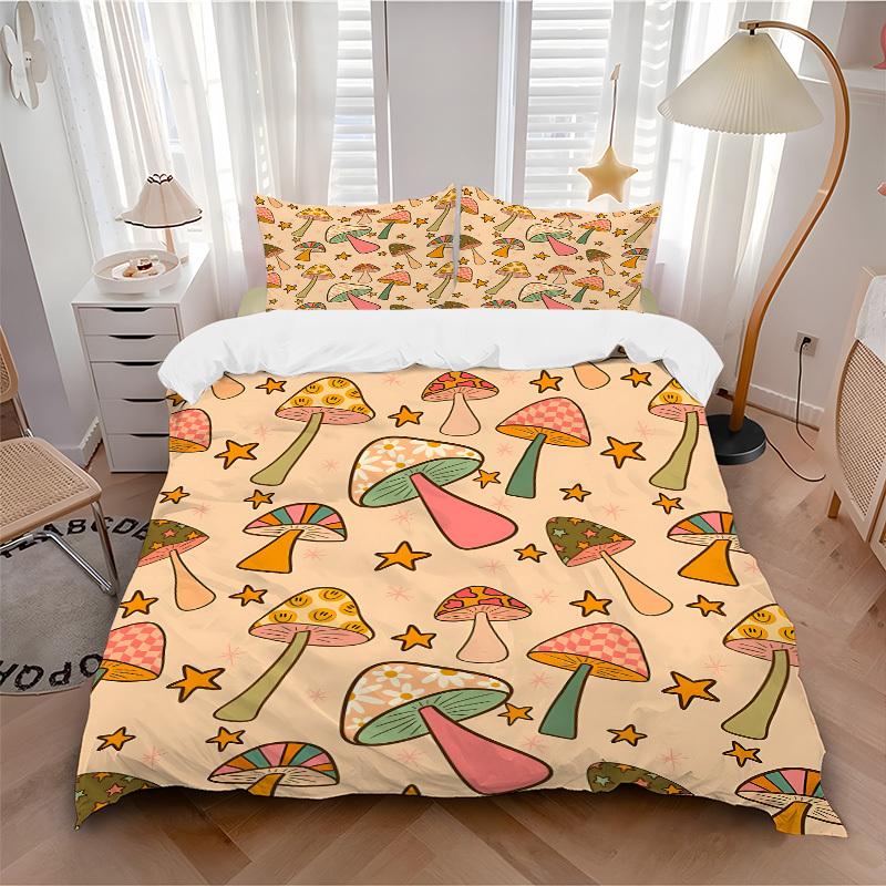 3pcs Mushroom Star Bedding Set, Includes Without Pillow Inserts, Soft Comfortable Bedding Set,All-Season Use a0924031 135x200cm