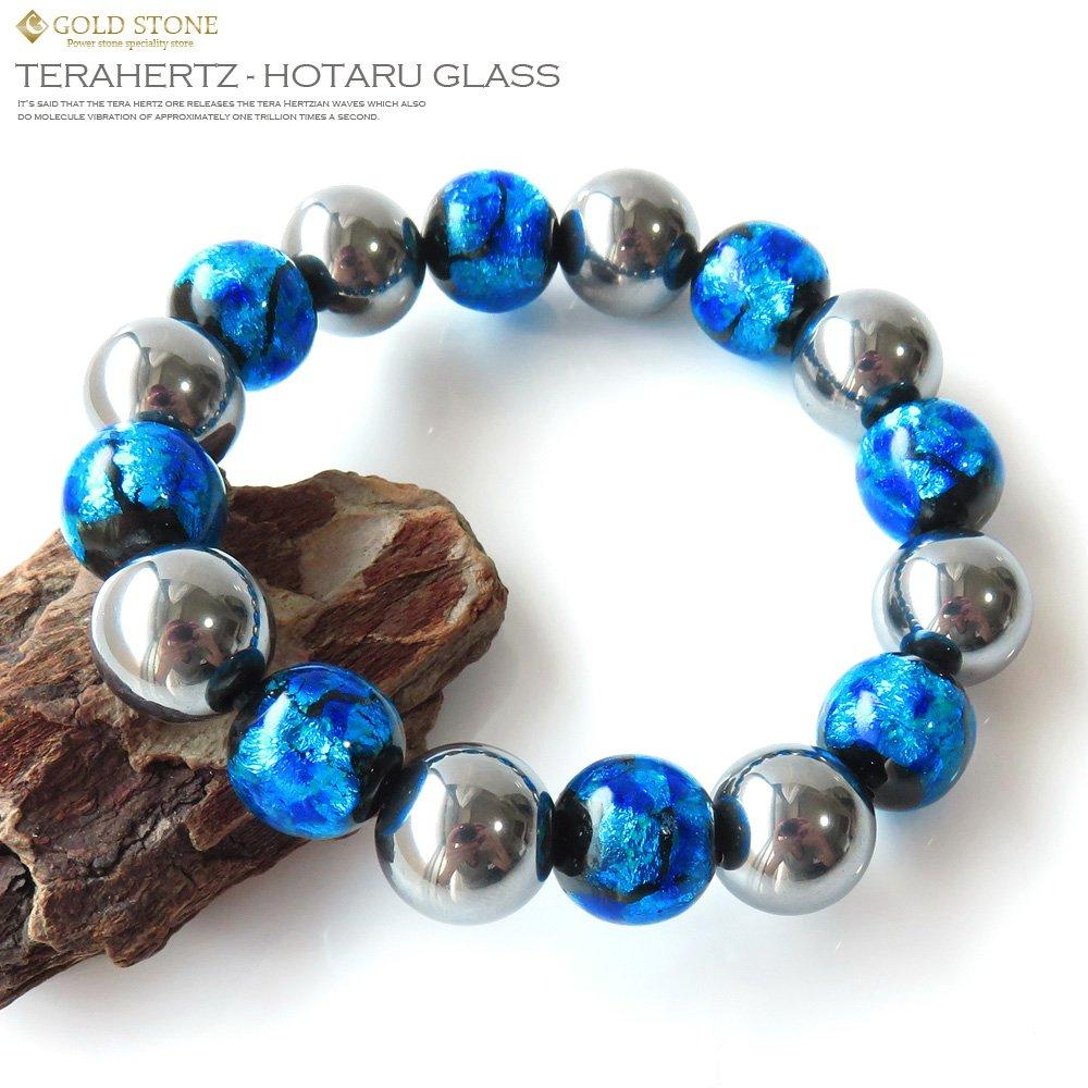 [GOLD STONE] Terahertz Ore X Luminous Firefly Glass Blue Bracelet, 12mm, Glow-in-the-Dark Power Stone, Inner Diameter: Approx. 18cm