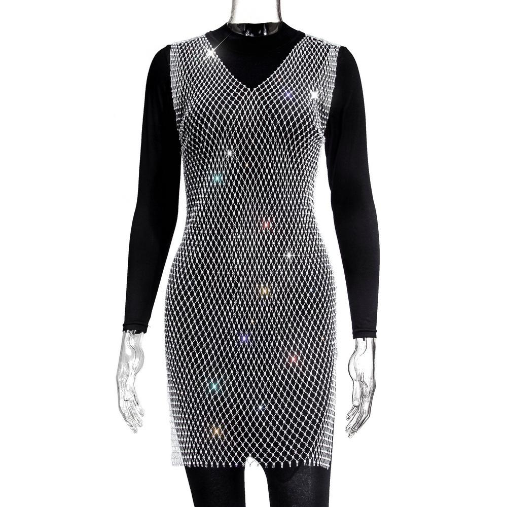 Women's Grid Flash Diamond Fishnet Dress Spice Girl Wind Dress Sex Dress