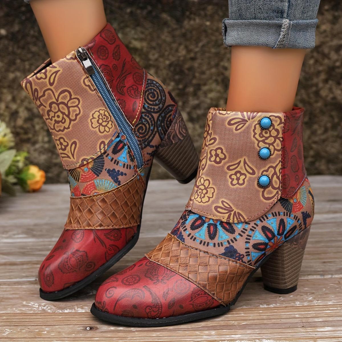 

Women S Floral Print Chunky Heel Ankle Boots - Vibrant Ethnic Design, Round Toe Zipper Closure, Synthetic Cover & Rubber Sole, All-Season Casual Shoes Size 35 красный