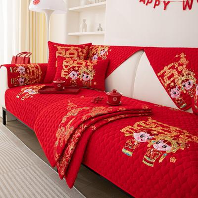 Festive Bright Red Fabric Sofa Cushion for All Seasons, Wedding Cover Cloth, Wedding Non-slip Sofa Cover