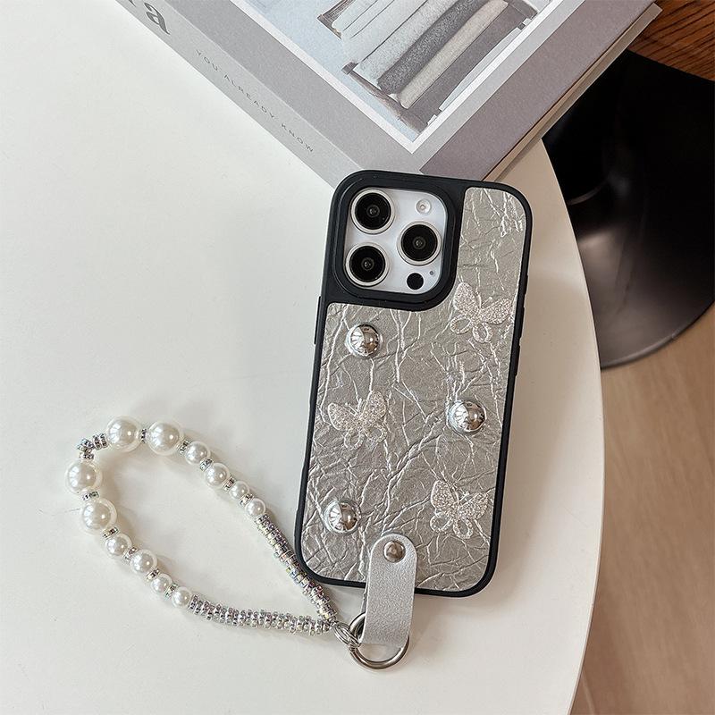 Silver Bead Bow for IPhone 16 Mobile Phone Case 14 Protective Cover for IPhone 17 Promax Pearl Bracelet 15