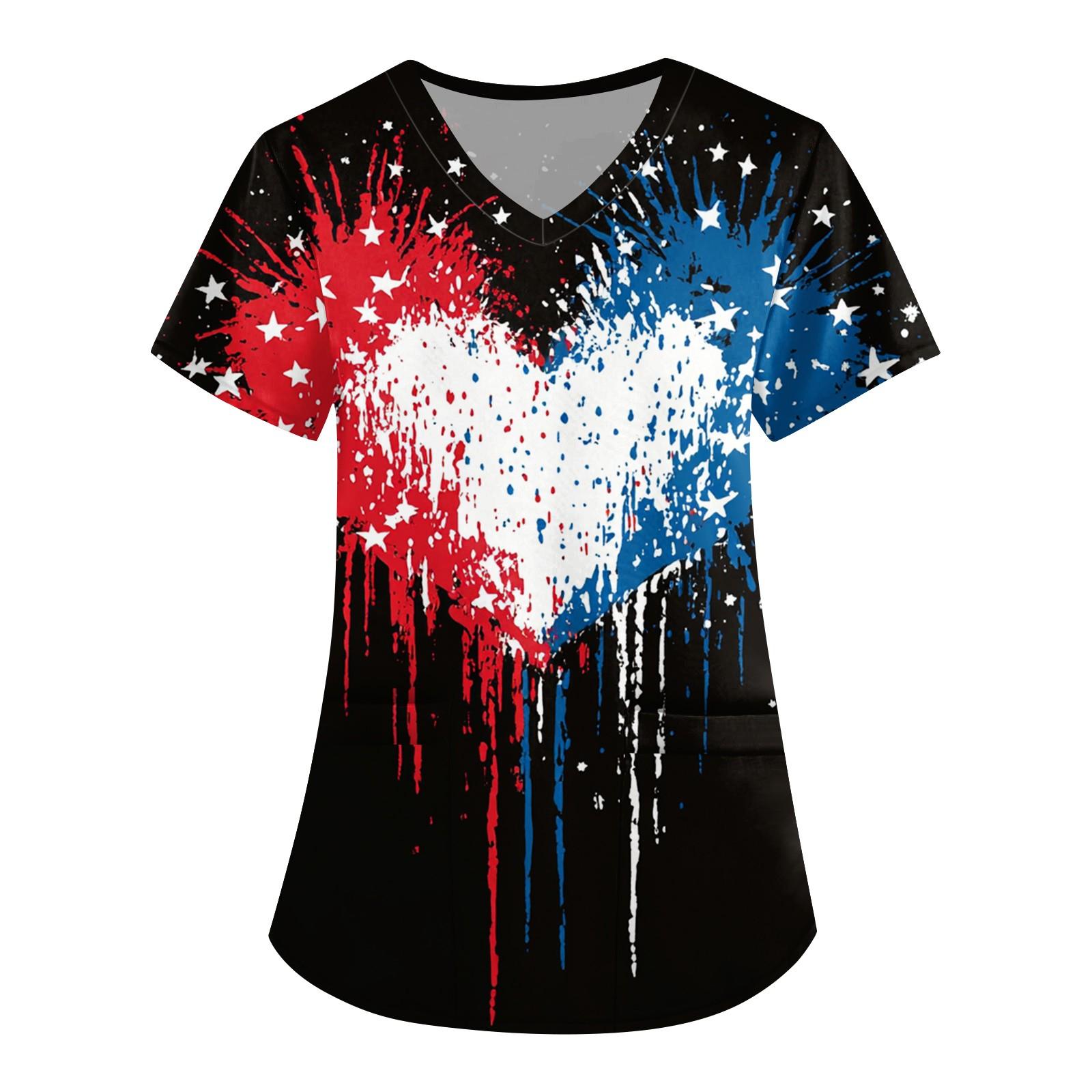 

Women s Fashion V-neck Short-sleeved Work Dress With Pockets Independence Day Printed Top Carer Suit M