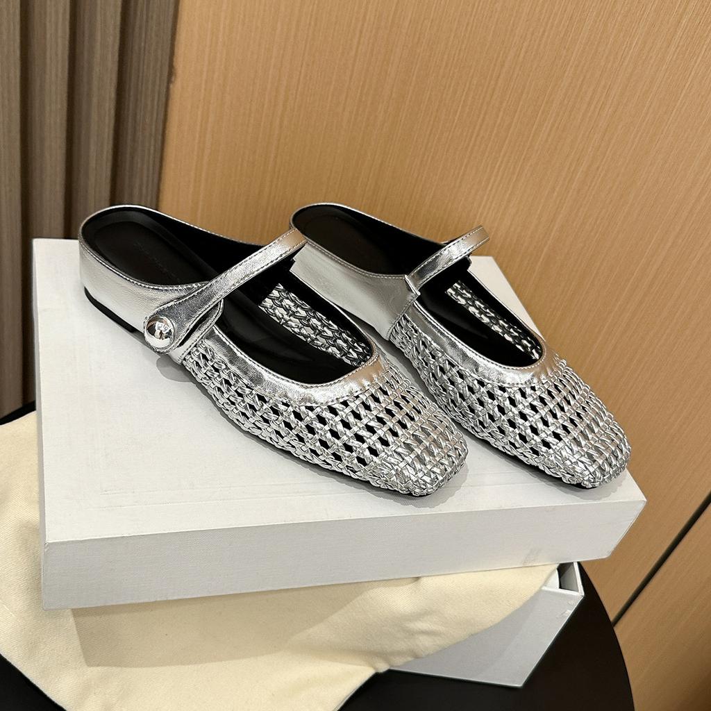 796-19 Square head woven hollow and breathable inner height increase rear empty single shoes women's spring and summer word with casual flat shoes