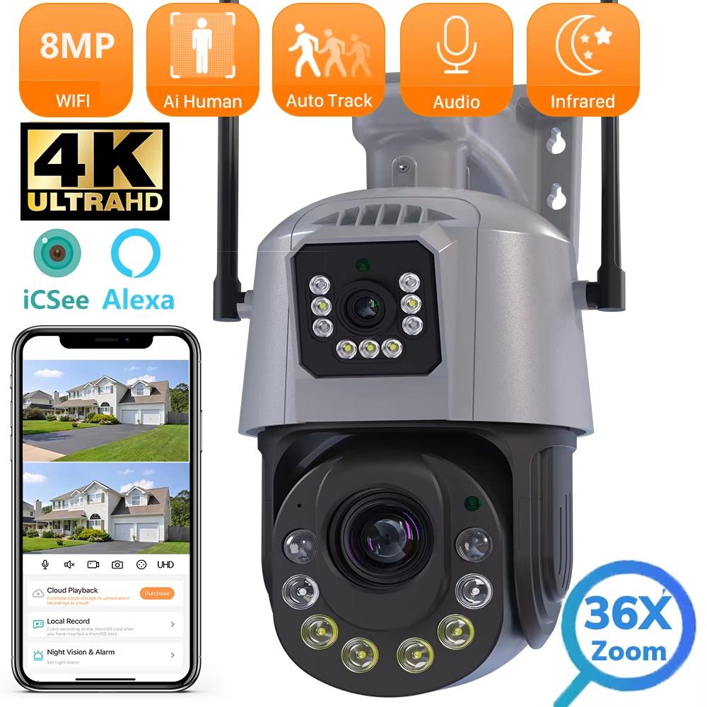 Nuova telecamera Wi-Fi PTZ 8MP 4K Zoom 36X Doppia lente con doppio schermo Visione notturna IR 120M Rilevamento umano Telecamera di sorveglianza ester