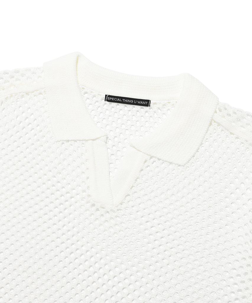 ANDTHEOTHER White Punched Collar Short Sleeve Knit