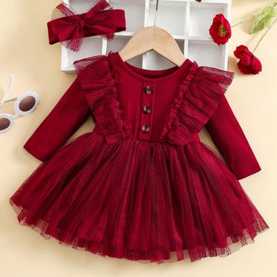 Two-Piece Baby Girl Romantic Small Flying Sleeve Long Sleeve Ruffled Mesh Dress + Bow Headscarf Spring And Autumn