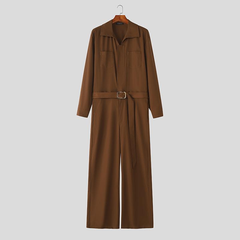 INCERUN Oversized Men Lapel Neck Long Sleeve Belt Waist Casual Loose Long Rompers Jumpsuits