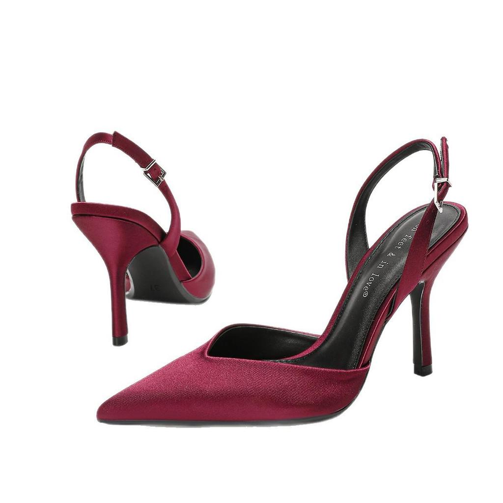 Sandalias de Verano 2025 para Mujer, Estilo Retro Francés, de Seda, con Tira Trasera y Tacón de Aguja