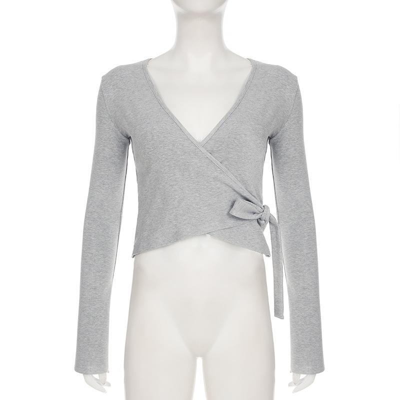 Stil Casual de Toamnă Velvet Subțire Sexy Decolteu în V cu Șnur Tricou Pantaloni Largi cu Talie Elastică Set Tricotat din Două Piese