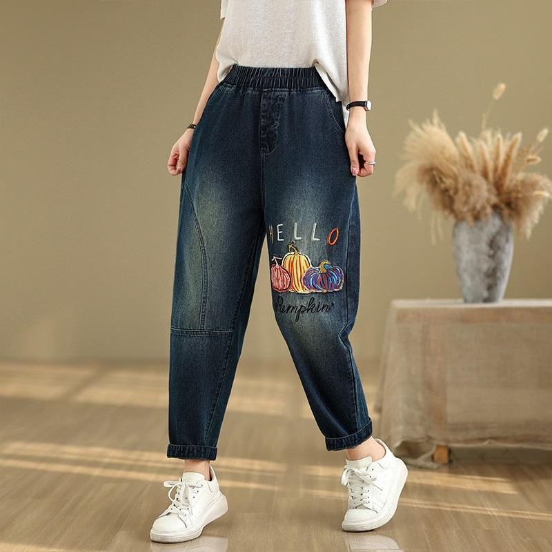Mărimi mari subțiri broderie vintage talie înaltă casual largi femei vară toamnă blugi denim pantaloni harem