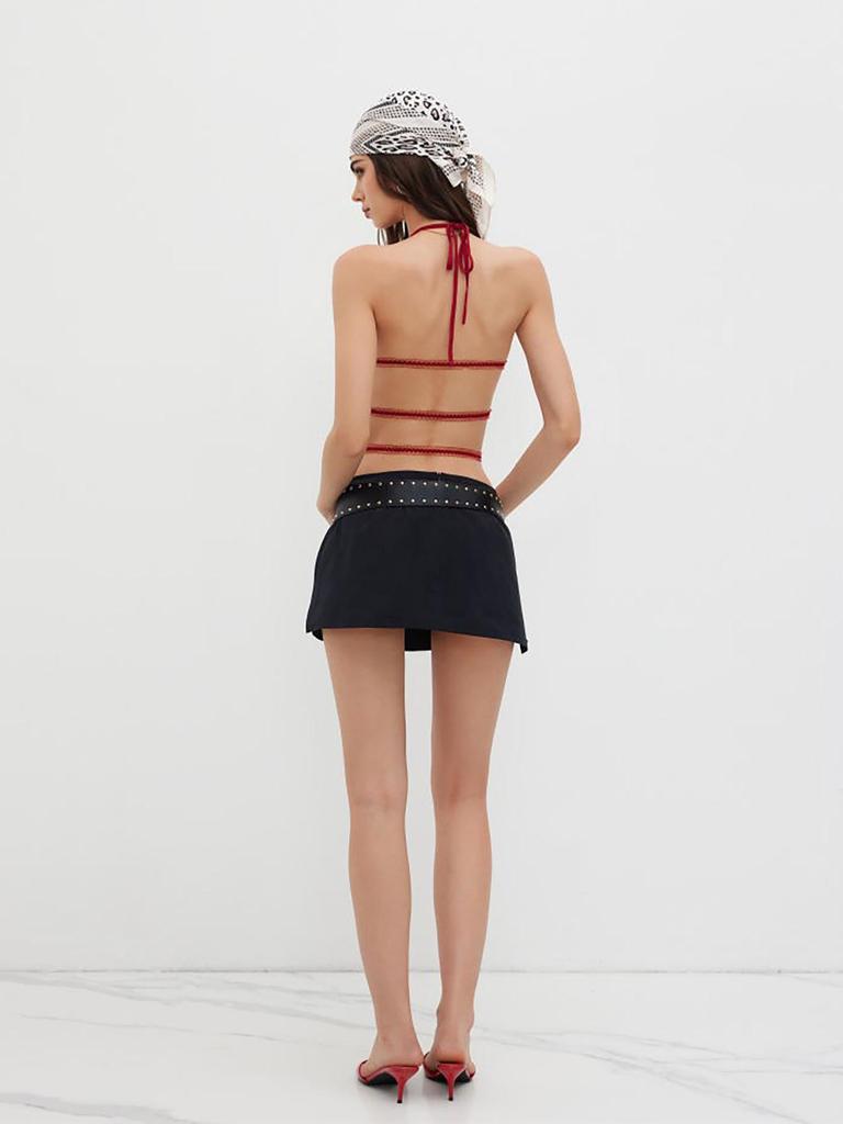 2026 Summer Solid Color Pleated Halter Neck Women's Open Back Lace-up Top