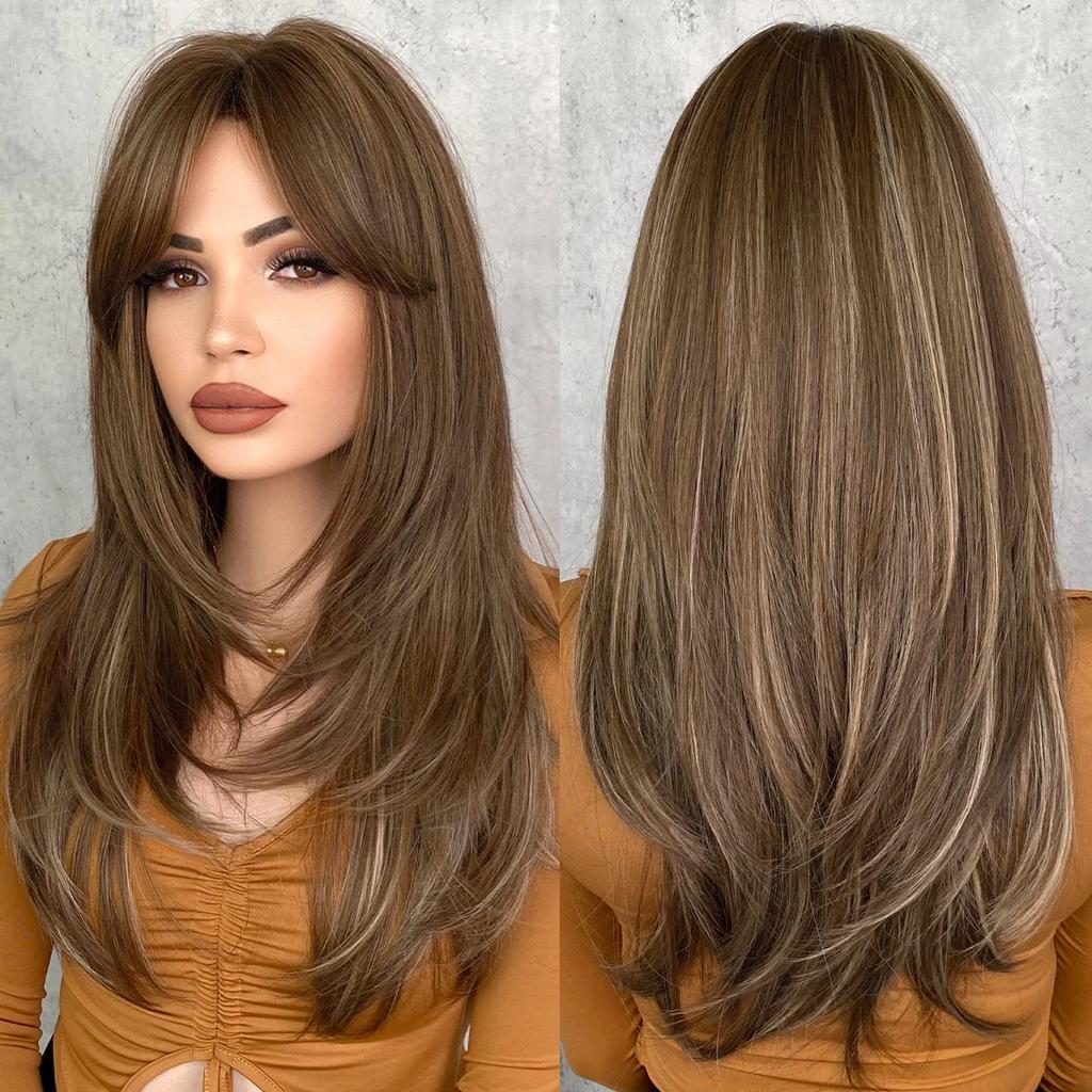 Profesionální Dlouhá Rovná Sakura Růžová Paruka pro Černošky Přírodní Syntetické Volné Vrstvené Vlasy Paruky s Ofinou Vysoká Hustota 26 Palců