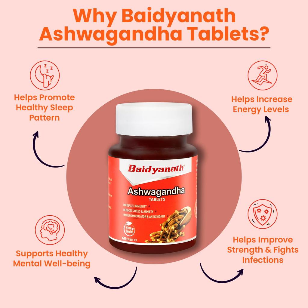 Baidyanath Ashwagandha Tablets 60  for Daily Wellness Stress Relief and Energy Boost