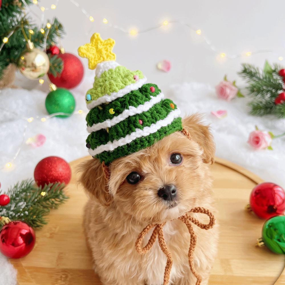 Knitted Yarn Pet Tree Hat Handmade Dog Holiday Bib Knit Kitten Collar Photoshoot