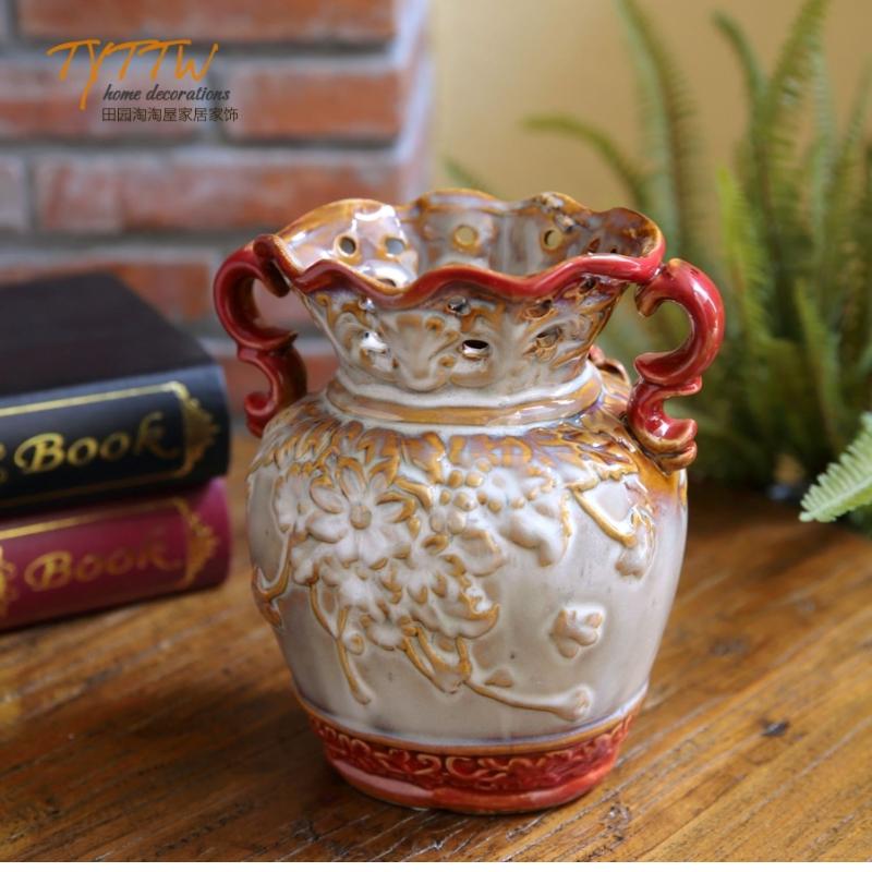 Vase Ceramic Desktop Ornament Painted Pastoral Hand-relief Glazed  Floral Decoration Suitable for Outdoor Garden Living Room 1Pc