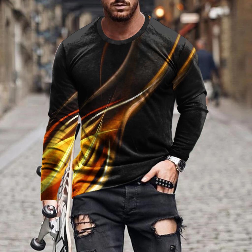 Vintage Enkel Enfärgad 3d-tryck Sommar Herr Rundhals T-shirt Ledig Långärmad Oversize Pullover Mode Herrkläder