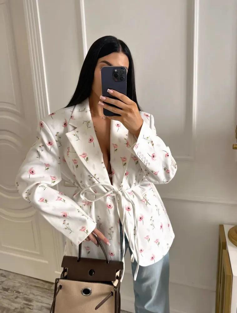 

Summer Flowers Printed Lapel Suit Jacket Women s Long Sleeved Lace Up Thin Jacket Office Lady Blazer XL білий