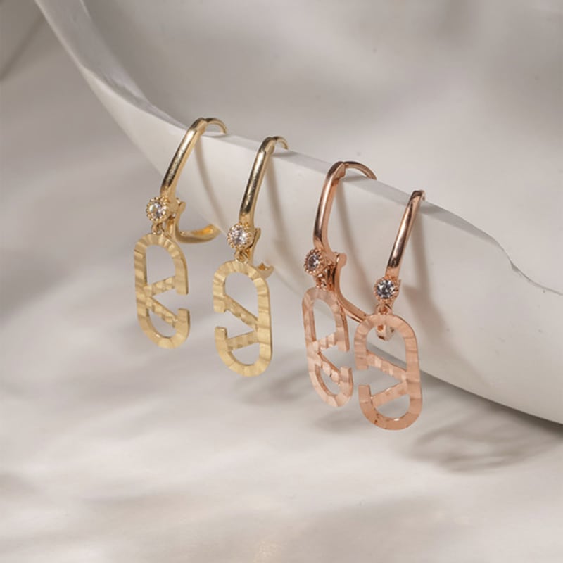 JEWNEL 14K V Cubic Oval One-Touch Ring Earrings