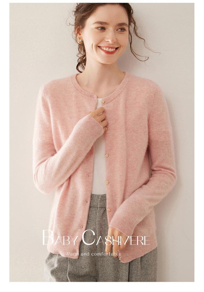 Women's Round Neck Slimming Cashmere Cardigan - Autumn/Winter 2024 Collection, Solid Color Short Jacket