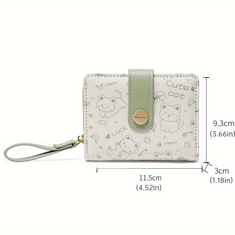 Casual Bi-Fold Kawaii Cat Wallet - Chic Credit Card & Coin Clutch With Secure Buckle Polyester Lining And Convenient Lanyard