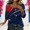 Women Plus Size Round Neck Half Sleeve Red White Blue Printed Loose Curved Hem Blouse