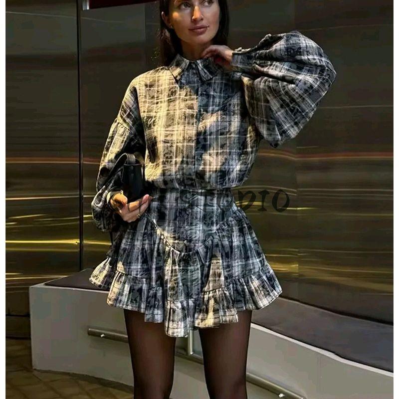 Spring and Summer New Women's Clothing Ins Style Decorated Row Button Lapel Long Sleeve Shirt Tops + Ruffles Skirt Outfit