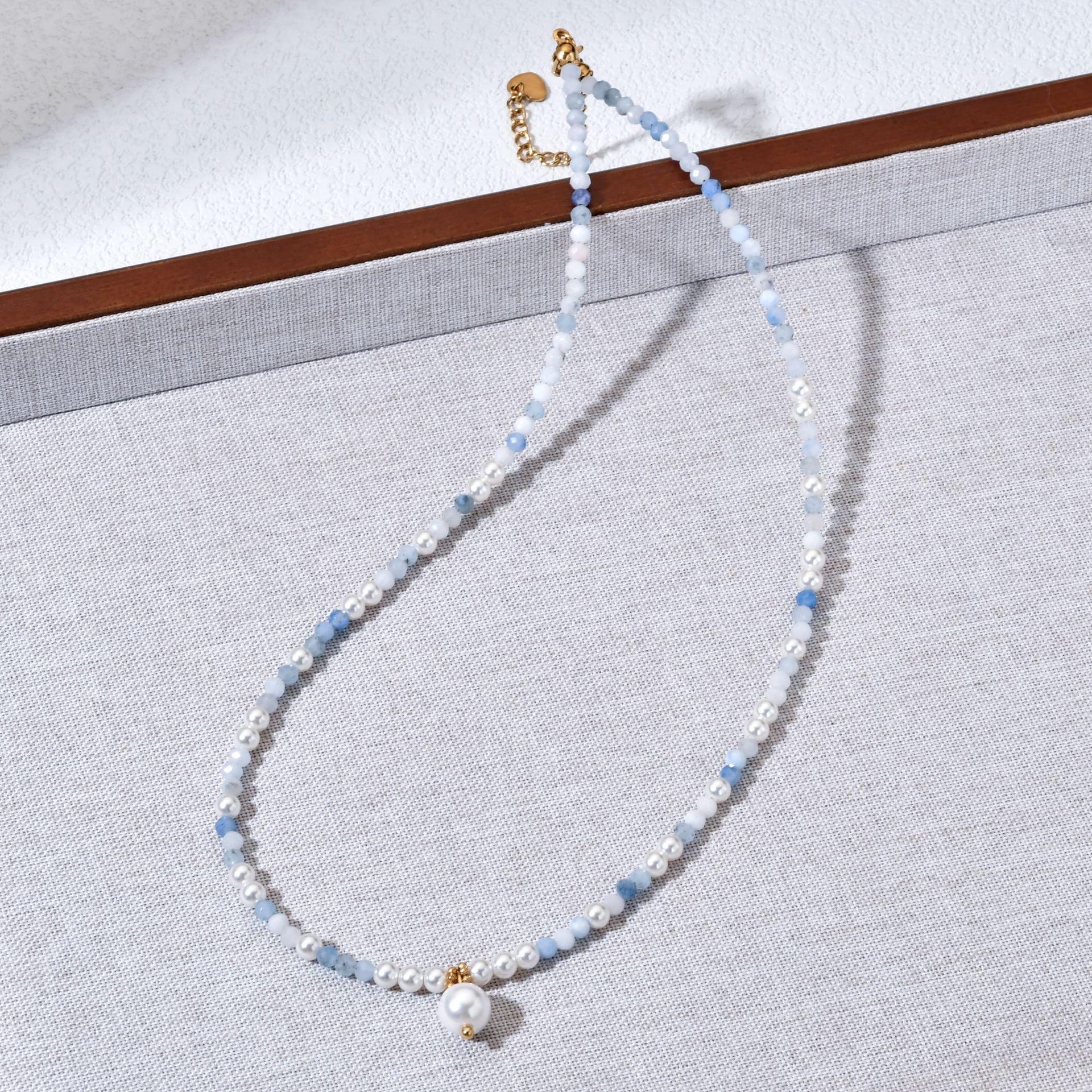 Trendy Natural Stone Glass Pearl Necklace - Women s Retro Light Blue Clavicle Chain xzsxl103