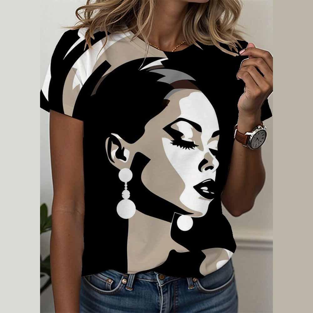 Girl 3D Printed Women's T-shirt Summer Round Neck Short Sleeved T-shirt