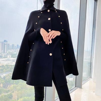 Manteau châle en laine cape noire pour femmes coréennes automne hiver mi-long ample vintage bouton doré manteau en laine