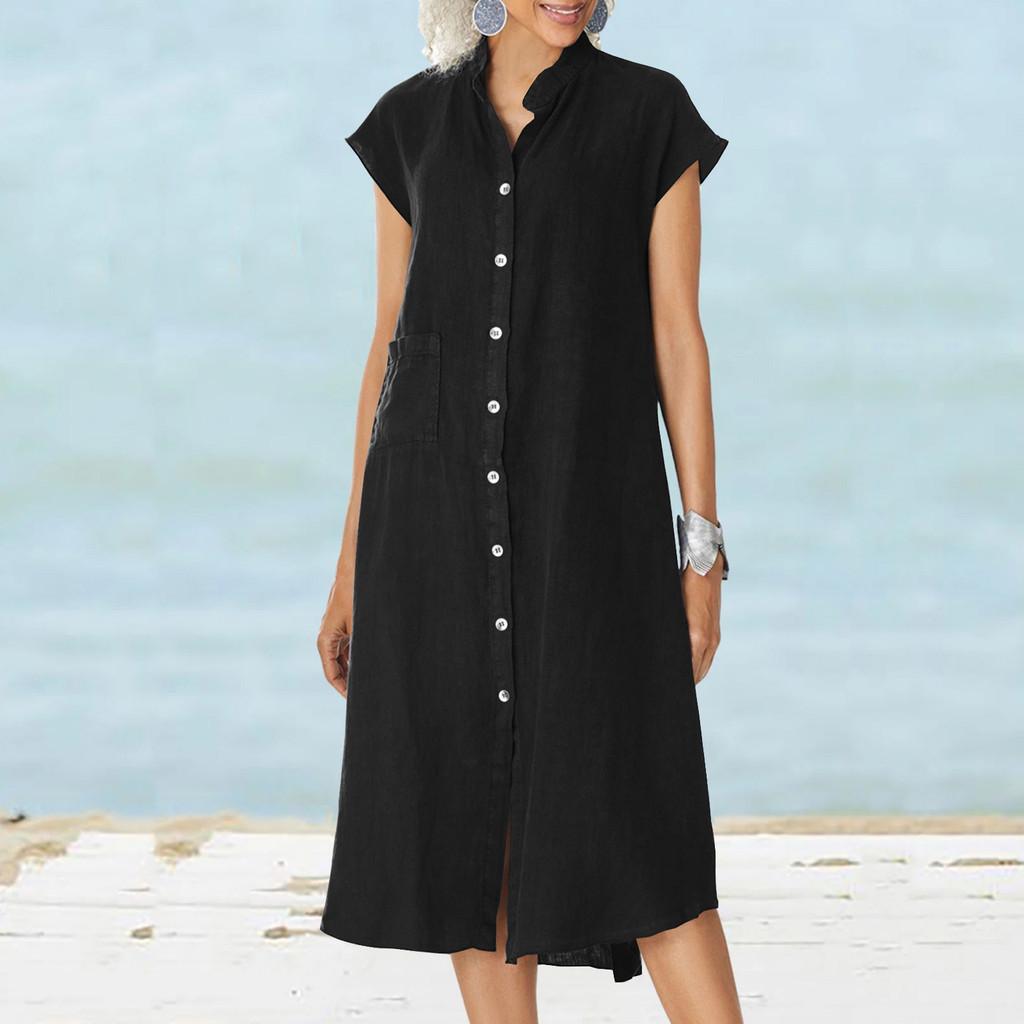 Cotton Linen Long Dress With Pocket And Stand Collar For Casual Travel