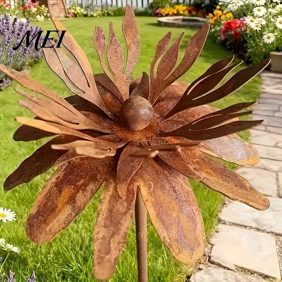Vintage Style Garden Flagpole Rusty Outdoor Daisy Flower Metal Yard Stake, Rusted Iron Art Rust-red Patio Decoration Decoration, Weather-Resistant