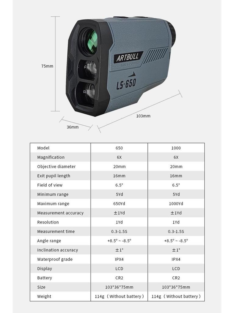 ARTBULL Outdoor Golf Laser Rangefinder Telescope - 650m Range, Height & Angle Measurement