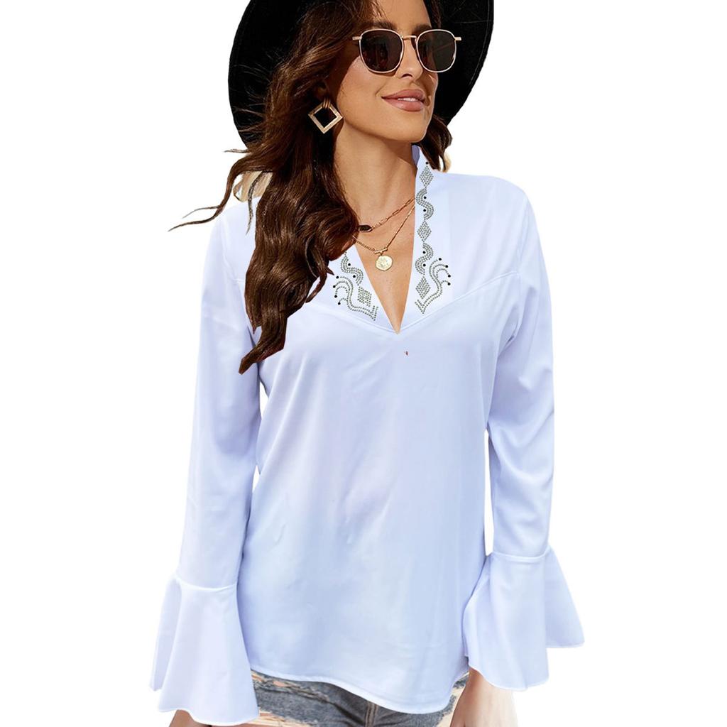 HNXC Women's Autumn Collection: Low-cut, Rhinestone, High-neck, Solid-color Lotus Leaf Long-sleeved Shirt for Women