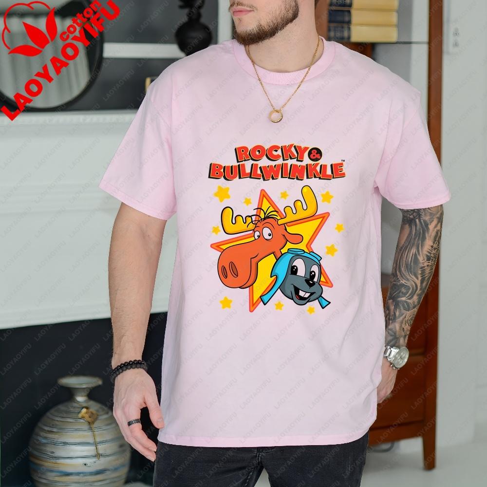 Unique Rocky and Bullwinkle Unisex Fun Crazy Neutral Classic Cotton Short-Sleeved T-Shirt for Both Unisex and WoUnisex