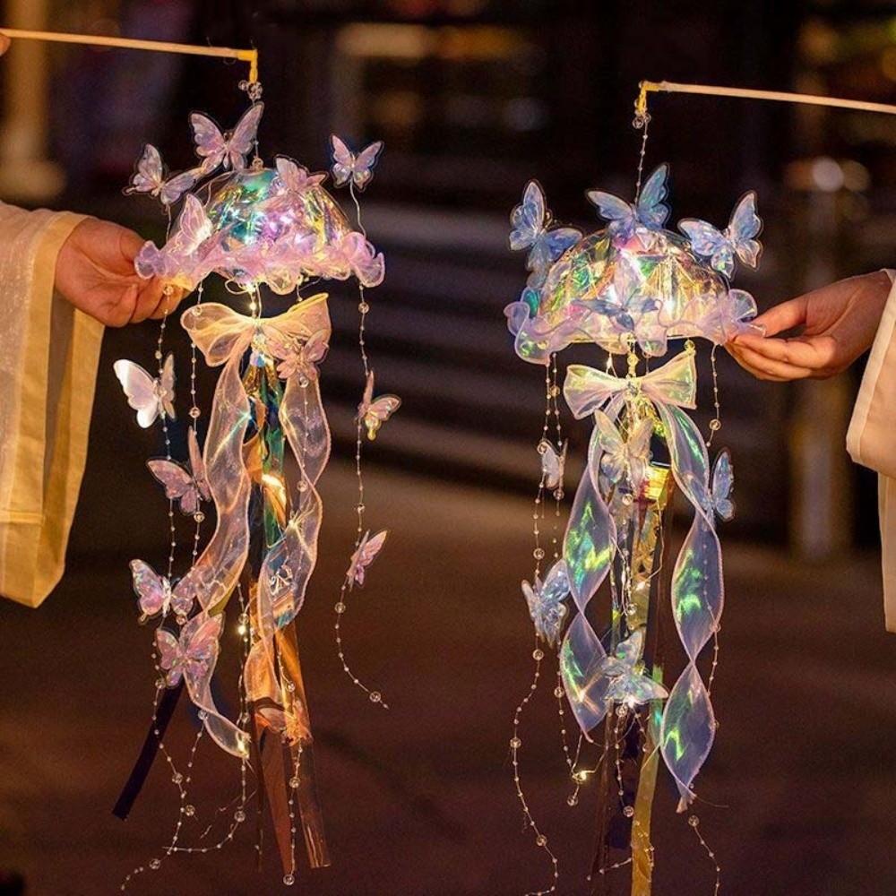 Organza Lantern Handmade Jellyfish Lantern Luminous Dreamy Style Butterfly Lamp Glowing Beaded Tassel Handheld Light Kids Craft