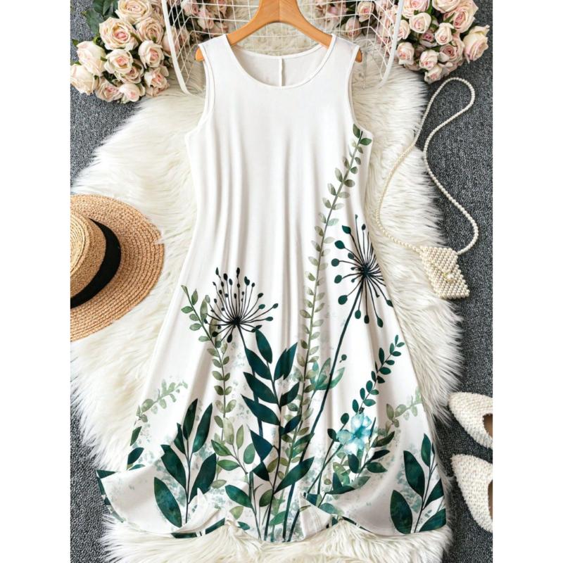 Women's Summer Sleeveless Mid Dress Crew Neck Sleeveless Printed Beach Dress