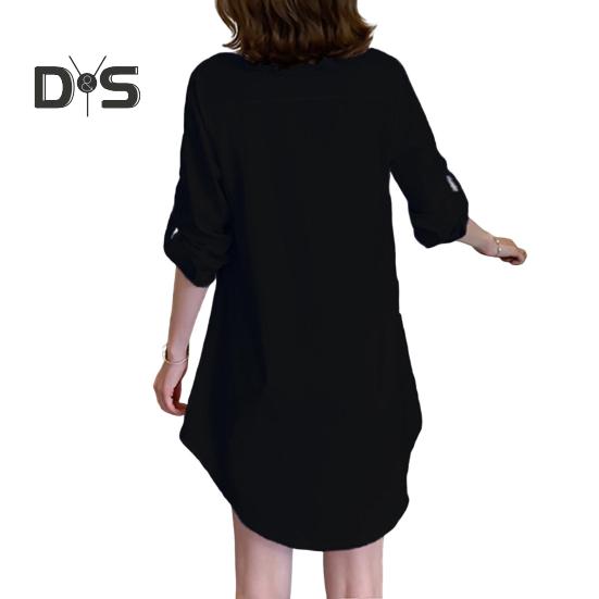 Dámská košile s klopou, dlouhým rukávem, střední délky, jednobarevná, knoflíková léga, ležérní střih, topy pro každodenní nošení