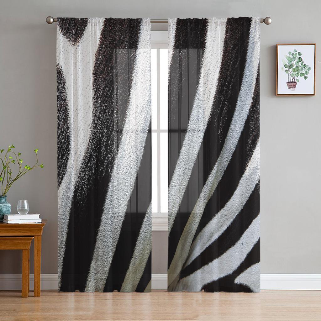 Zebra Svartvita Ränder Närbild Chiffong Skira Gardiner för Vardagsrum Sovrum Dekor Fönster Voile Tyllgardin Draperier