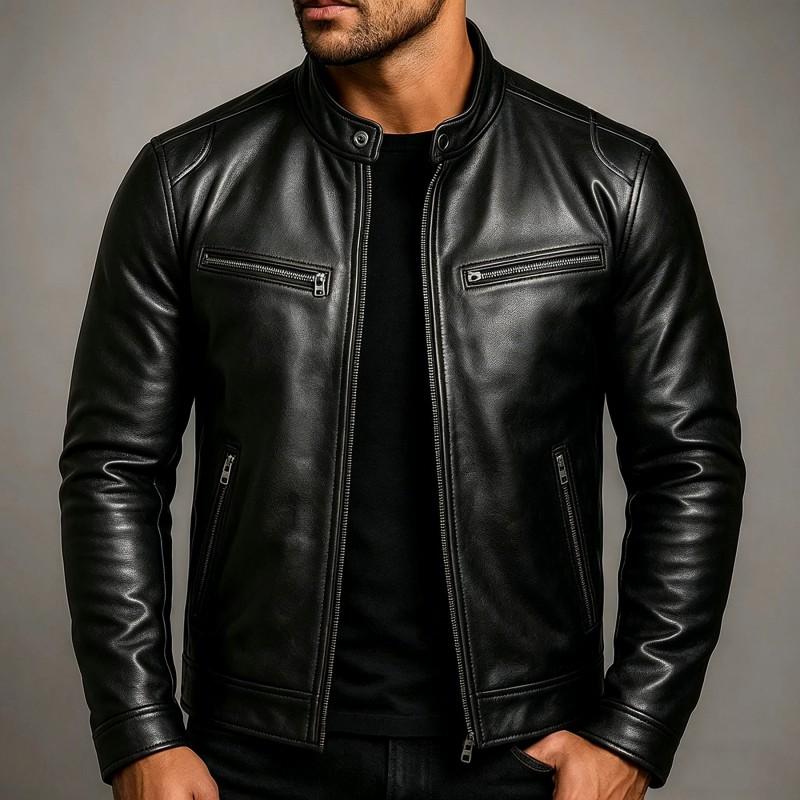 Mens Retro PU Leather Motorcycle Jacket Slim Fit Stand Collar Casual Biker Coat Wear