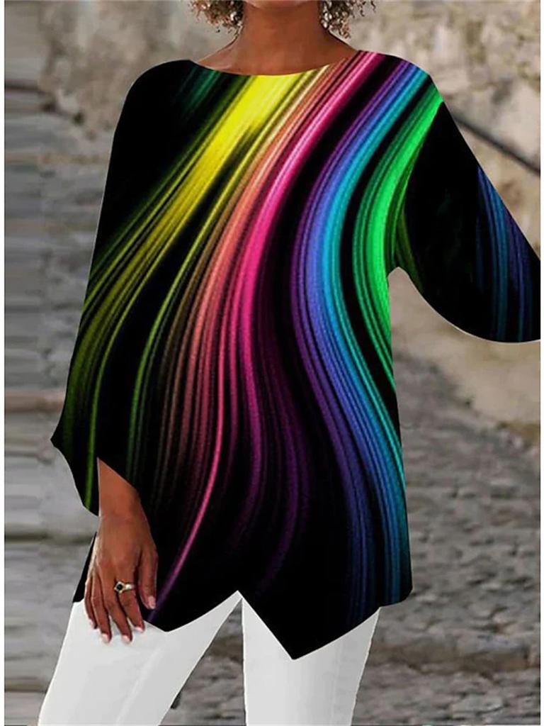 Fashion Geometric Printing Crew Neck Women Shirt Spring Summer Loose Plus Size Office Long Blouse Streetwear Casual Irregular Tops Elegant Clothing