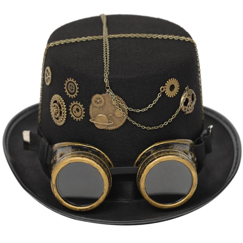 

Steampunk Top Hat One Size Wool Victorian Hats with Goggles Unisex Costume Top Hats Gothic Hippies Caps Halloween Props 1