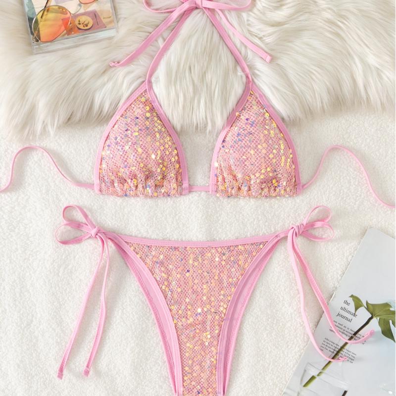 

Женский купальник с бретелькой через шею, сексуальный, сетчатый, с пайетками, бикини, пляжная одежда, купальные костюмы M розовый