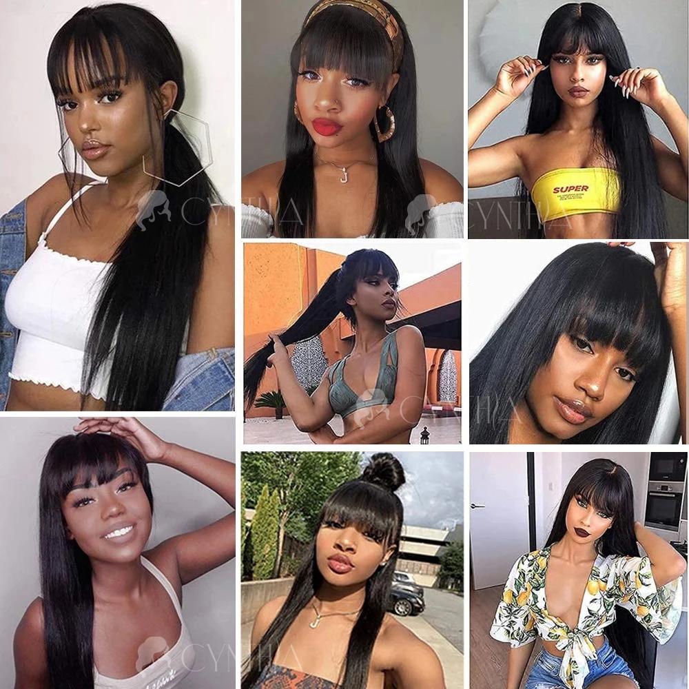 Natural Black Straight Synthetic Wigs For Women with Bangs 28Inch Daily Party Cosplay Wigs Heat Resistant Natural Hair Wig