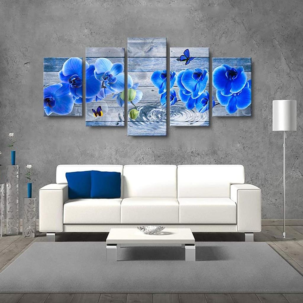 Unframed 5 Panel Blue Flower Orchid Floral Modern Canvas HD Print Posters Wall Art Picture Paintings for Living Room Home Decor